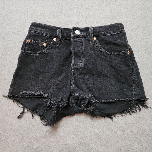 Levi's Black Jean Shorts 501 Raw Hem Shorts Sz 25 - Picture 1 of 10